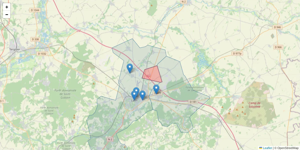 Carte de la zone du code postal  et des codes postaux voisins en France