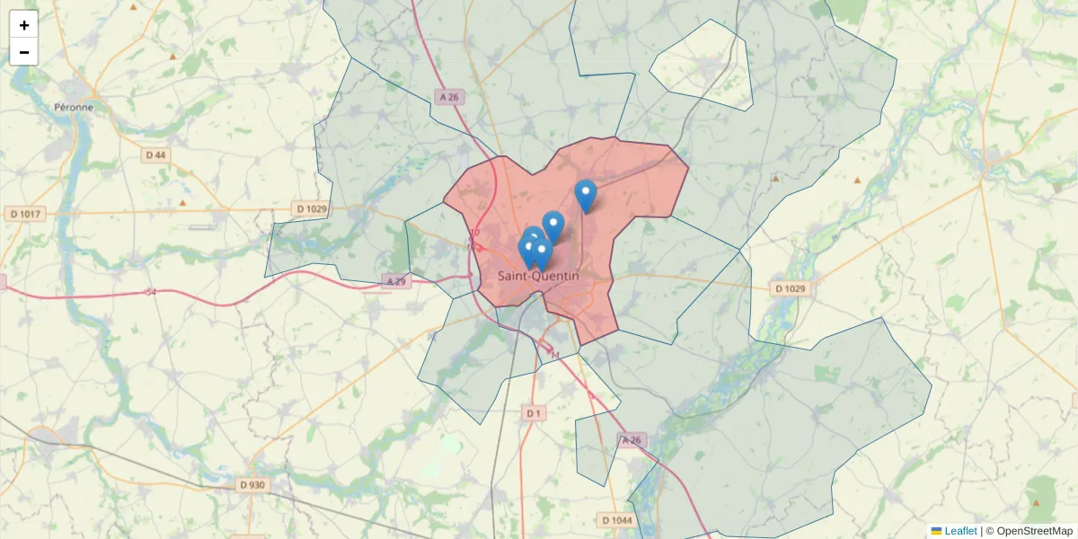 Carte de la zone du code postal  et des codes postaux voisins en France