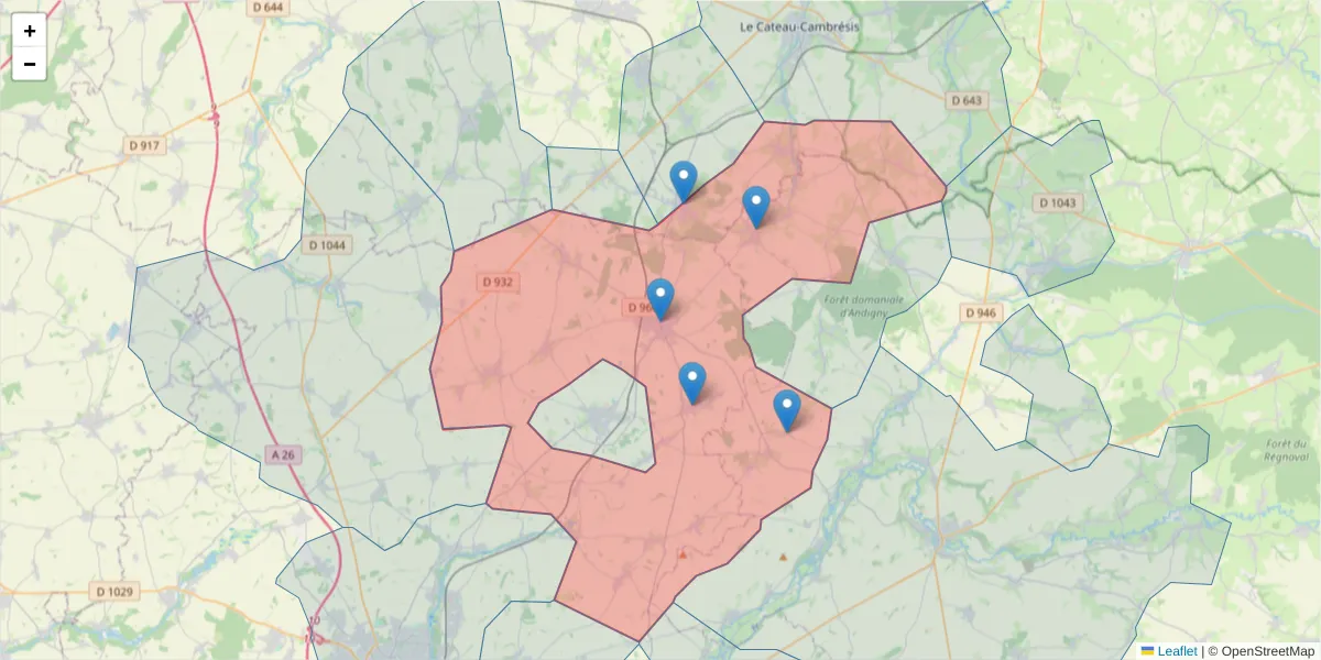Carte de la zone du code postal  et des codes postaux voisins en France