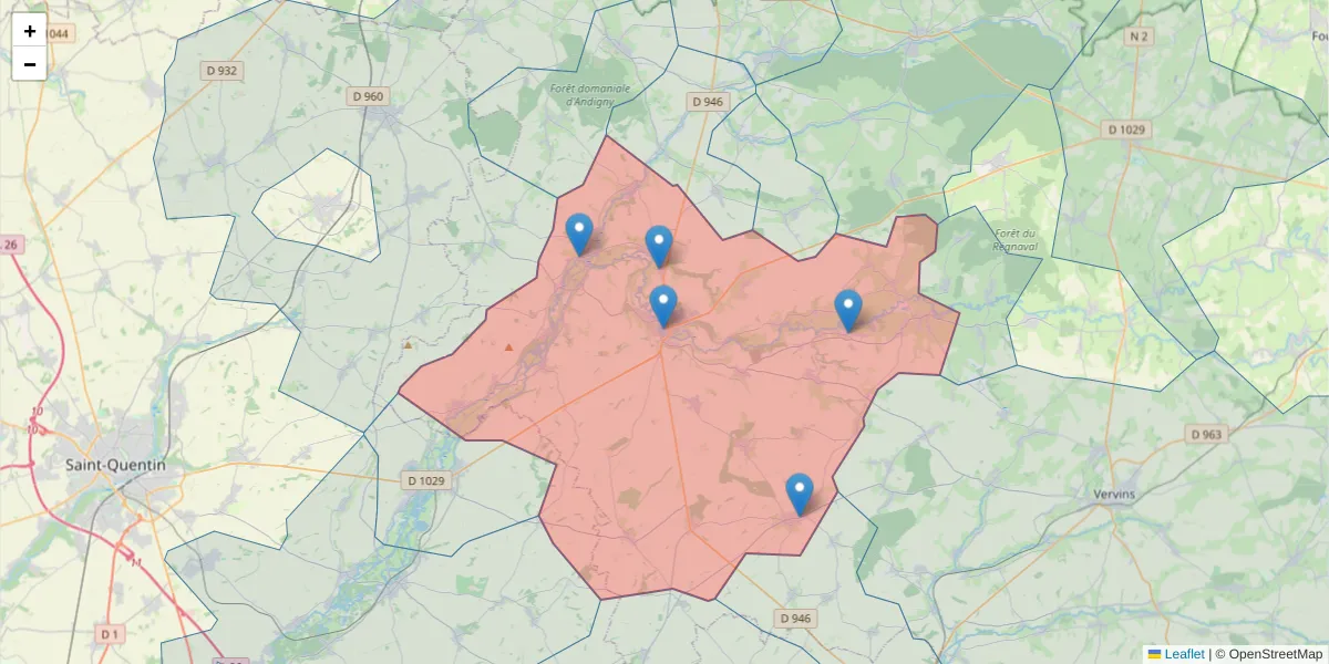 Carte de la zone du code postal  et des codes postaux voisins en France