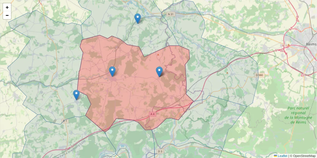 Carte de la zone du code postal  et des codes postaux voisins en France