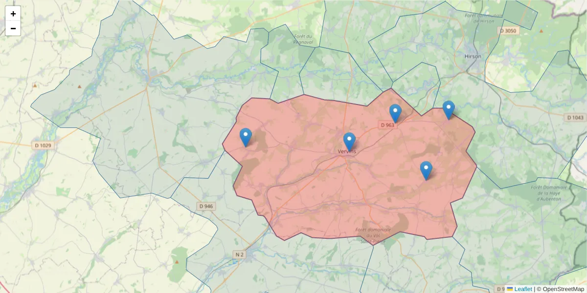 Carte de la zone du code postal  et des codes postaux voisins en France