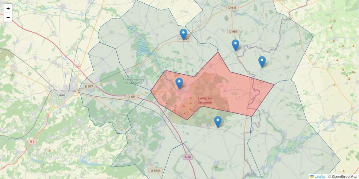 Carte de la zone du code postal  et des codes postaux voisins en France