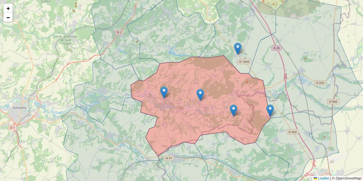 Carte de la zone du code postal  et des codes postaux voisins en France