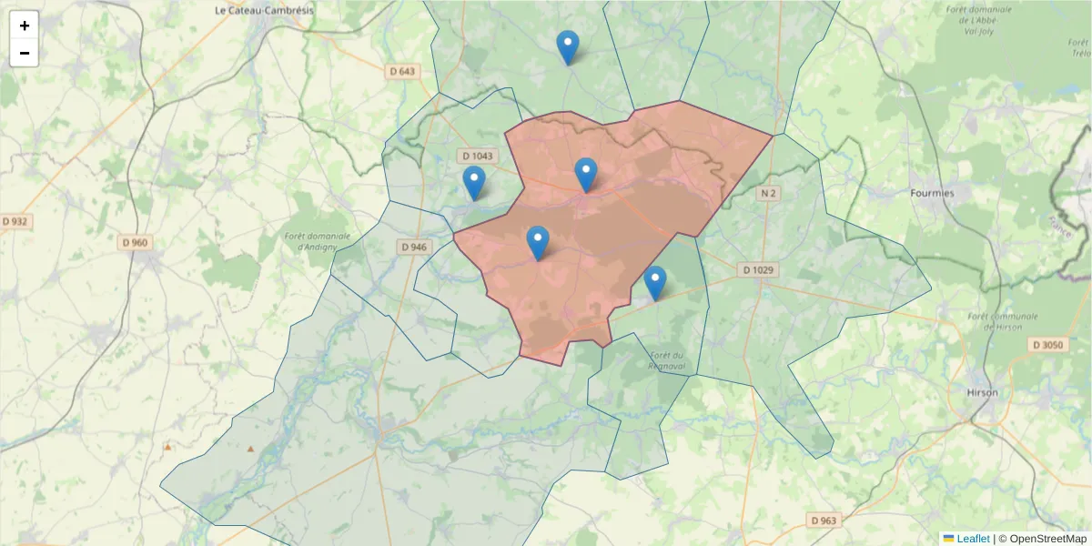Carte de la zone du code postal  et des codes postaux voisins en France