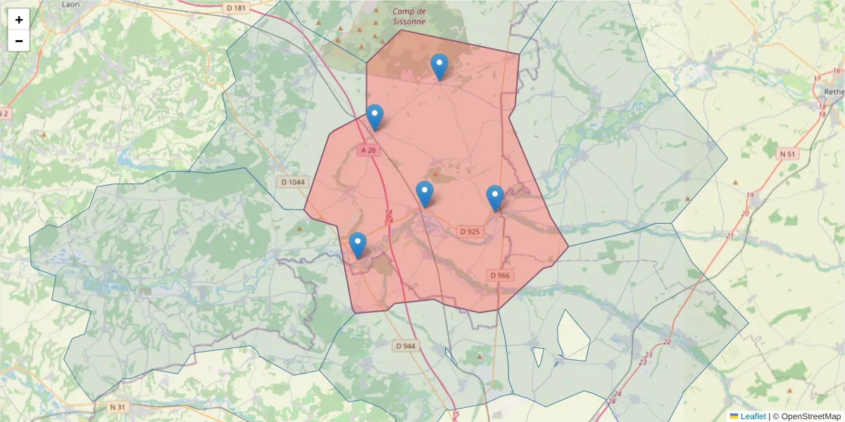 Carte de la zone du code postal  et des codes postaux voisins en France