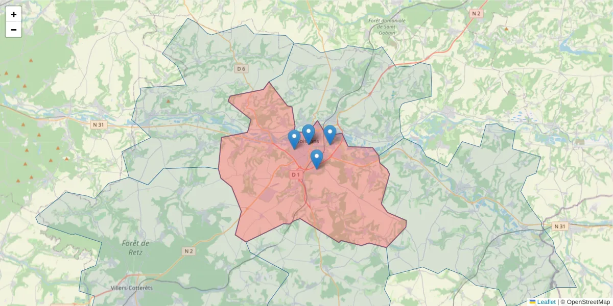 Carte de la zone du code postal  et des codes postaux voisins en France