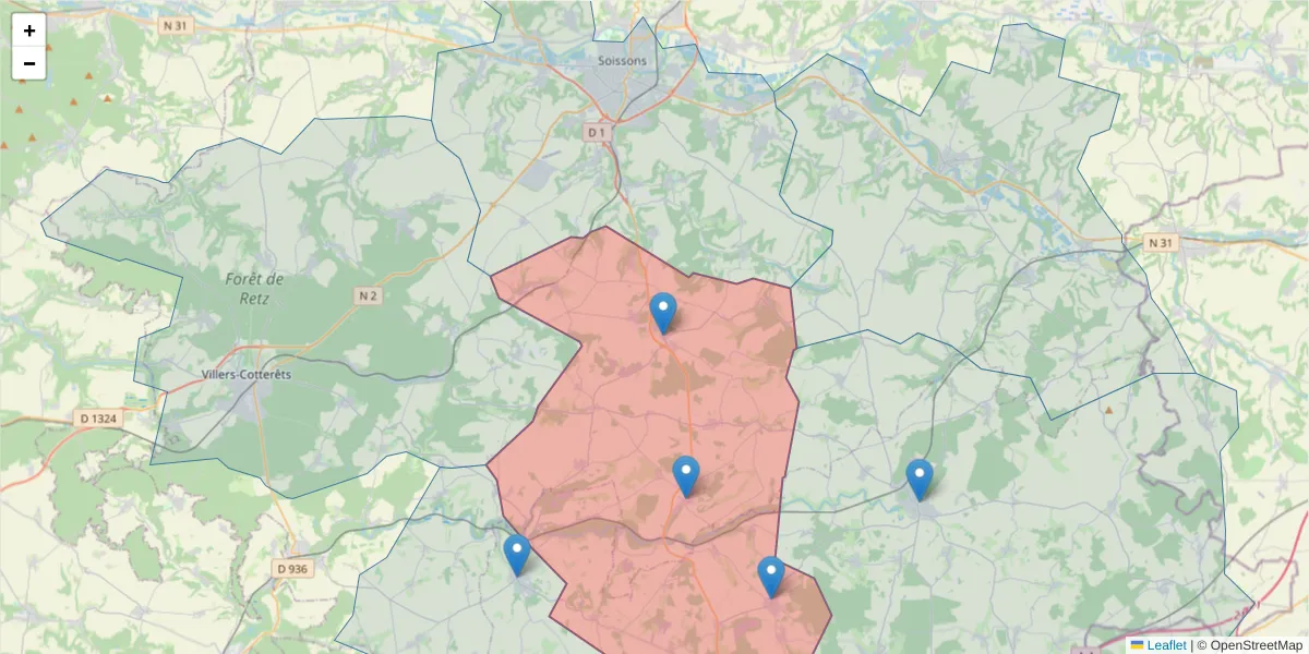 Carte de la zone du code postal  et des codes postaux voisins en France
