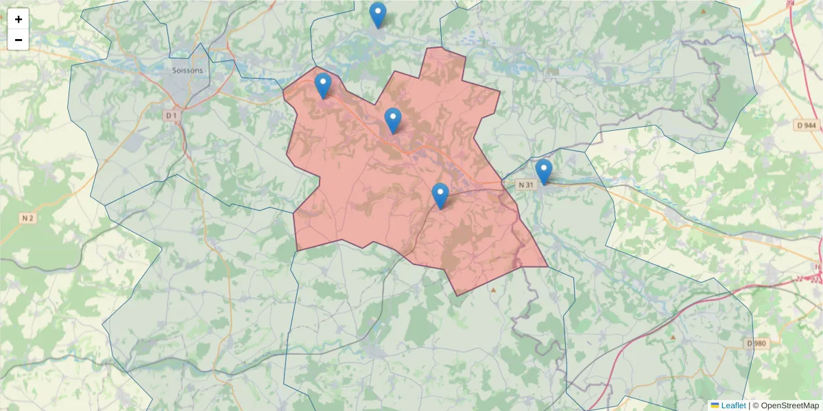 Carte de la zone du code postal  et des codes postaux voisins en France