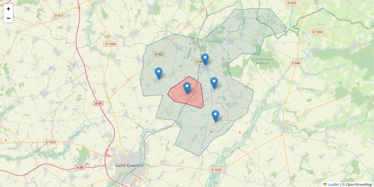 Carte de la zone du code postal  et des codes postaux voisins en France