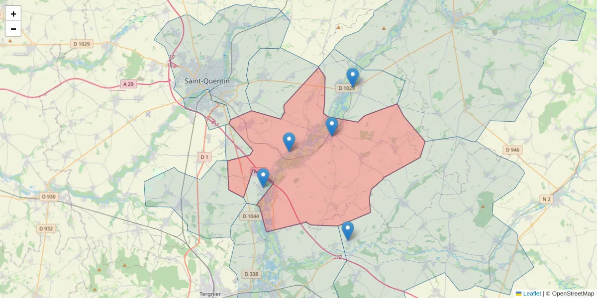 Carte de la zone du code postal  et des codes postaux voisins en France