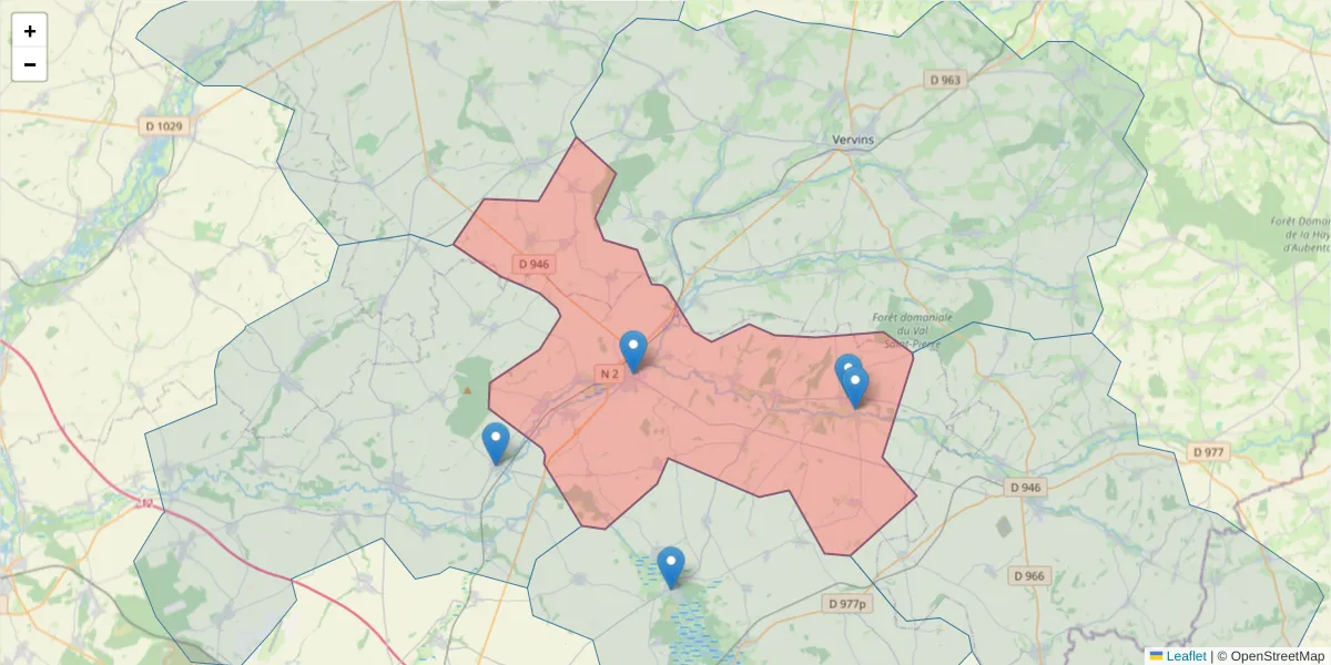Carte de la zone du code postal  et des codes postaux voisins en France