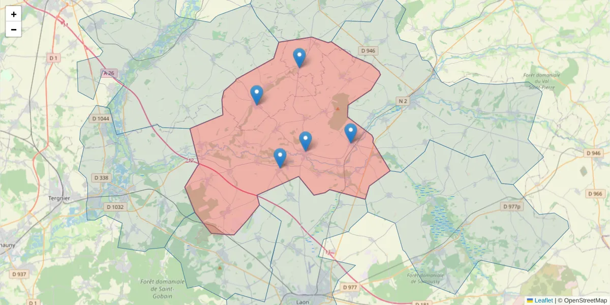 Carte de la zone du code postal  et des codes postaux voisins en France