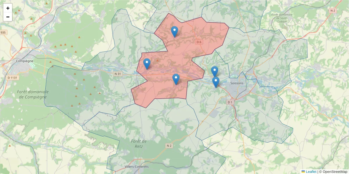 Carte de la zone du code postal  et des codes postaux voisins en France