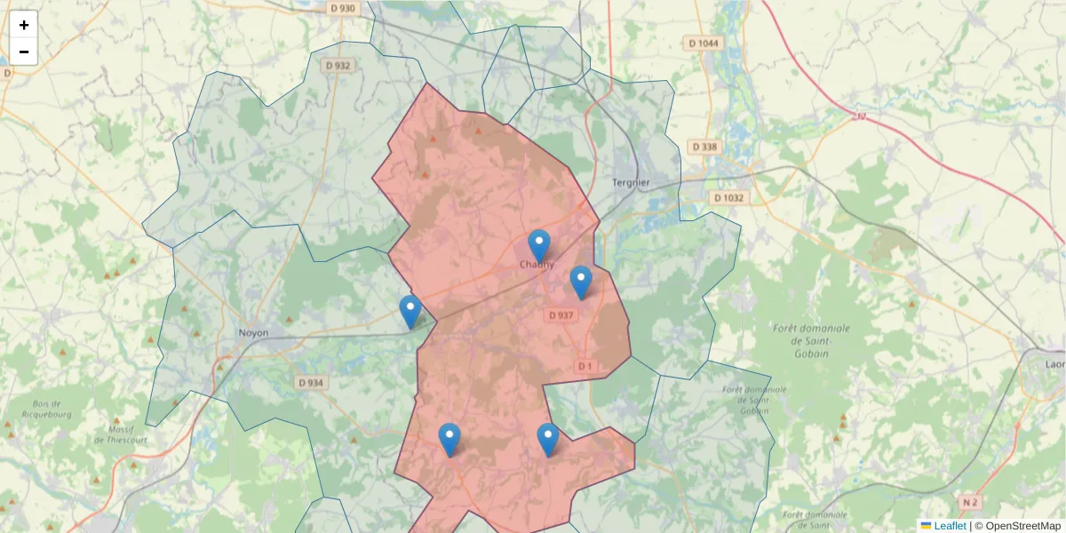 Carte de la zone du code postal  et des codes postaux voisins en France