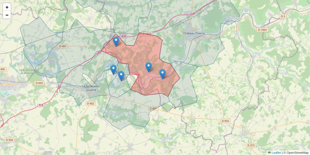Carte de la zone du code postal  et des codes postaux voisins en France