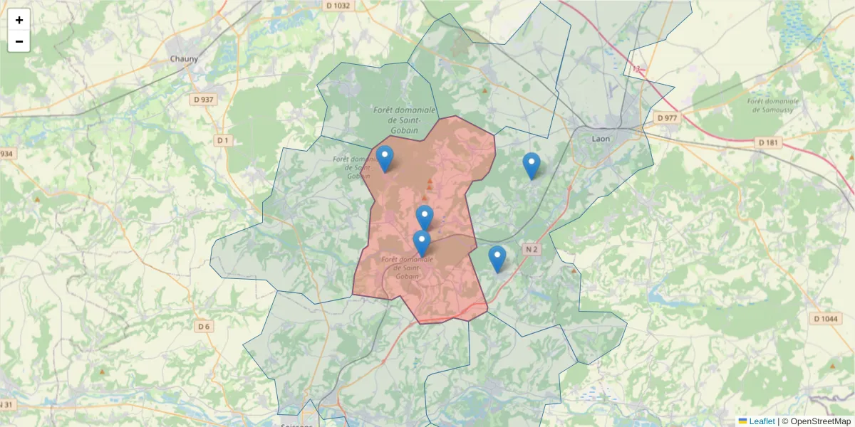 Carte de la zone du code postal  et des codes postaux voisins en France