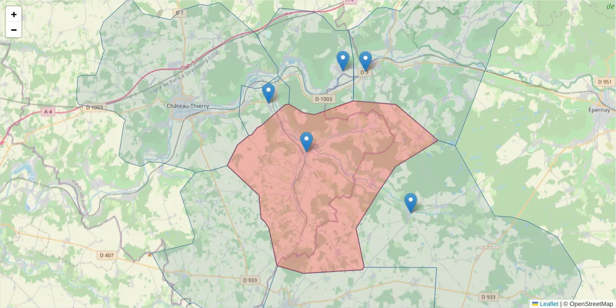 Carte de la zone du code postal  et des codes postaux voisins en France