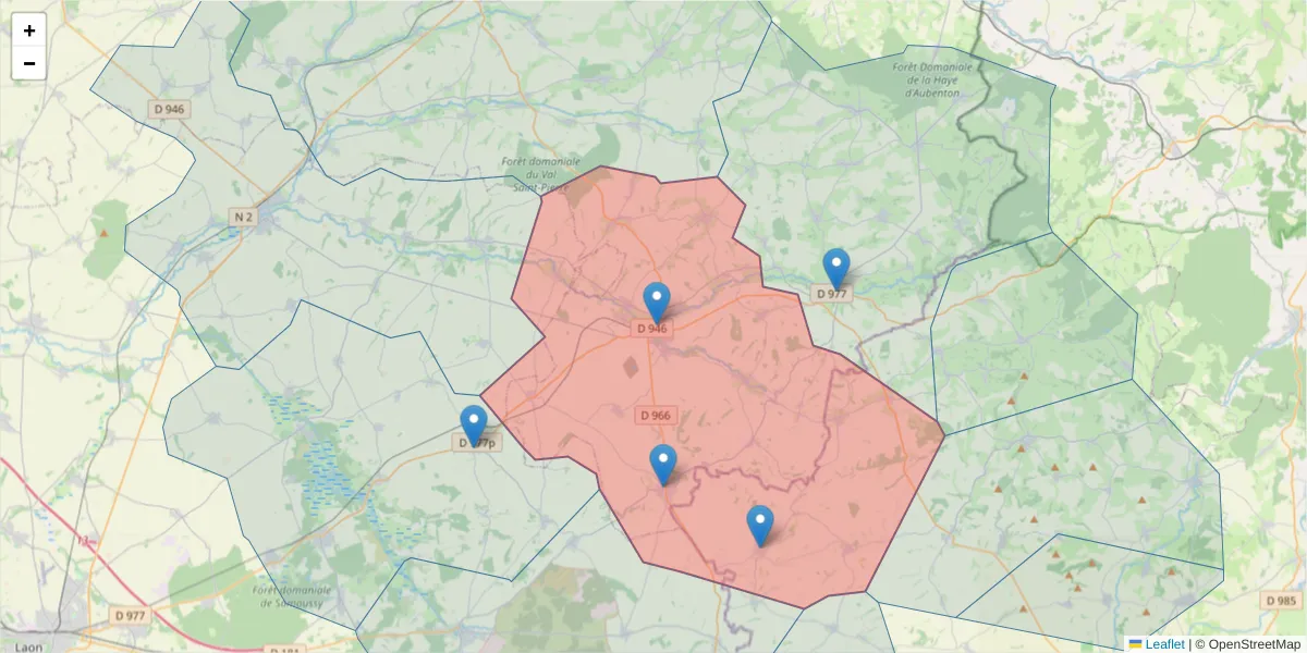 Carte de la zone du code postal  et des codes postaux voisins en France