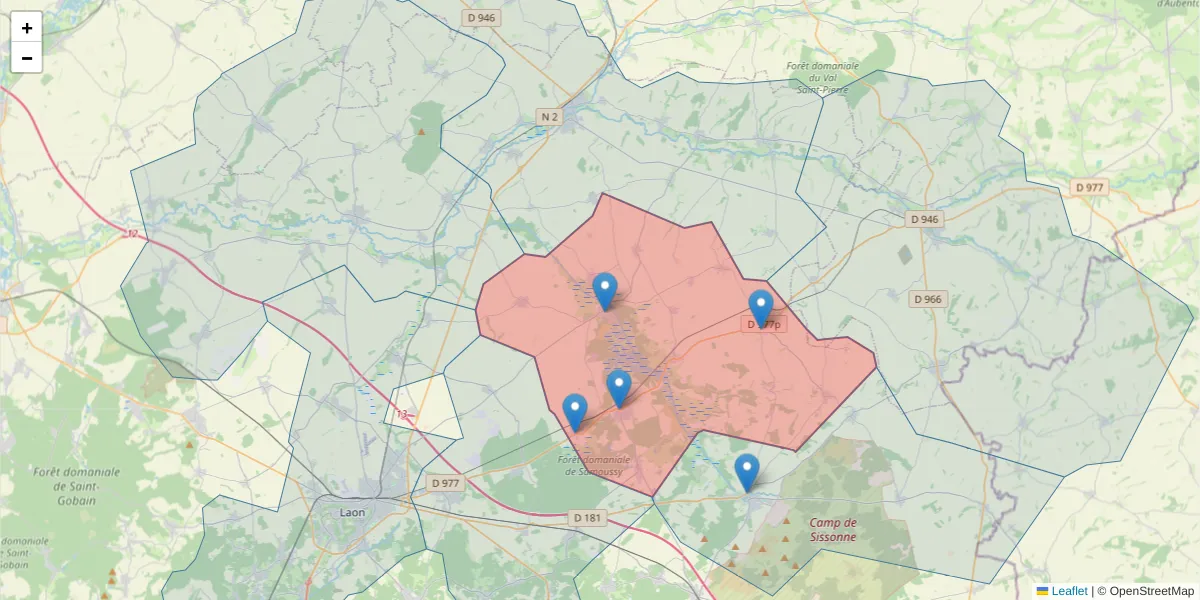 Carte de la zone du code postal  et des codes postaux voisins en France