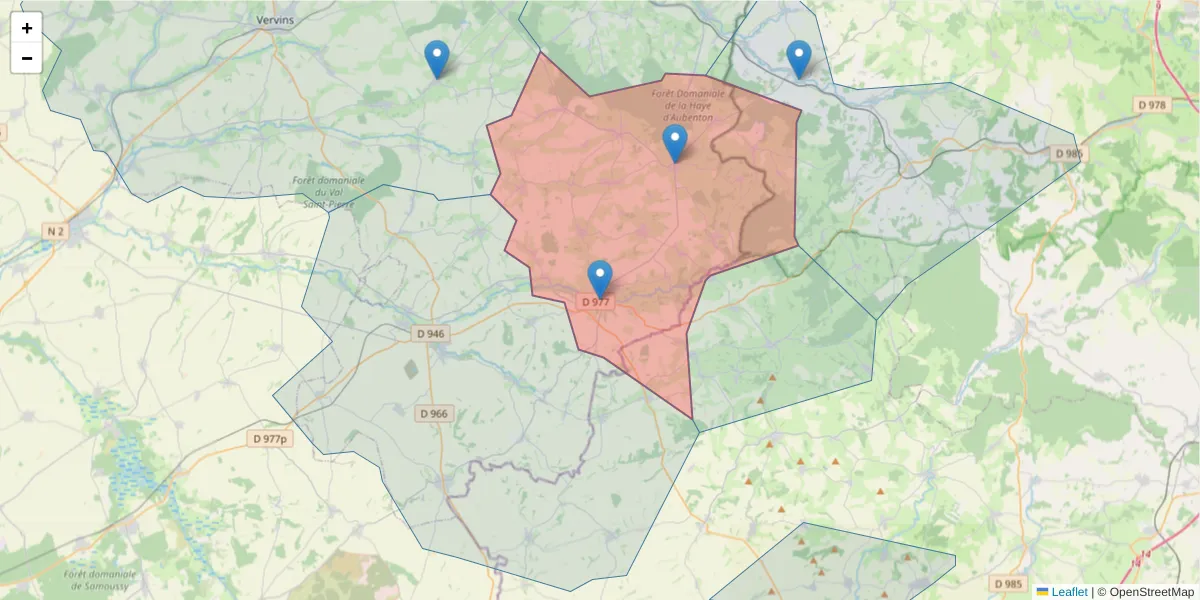 Carte de la zone du code postal  et des codes postaux voisins en France