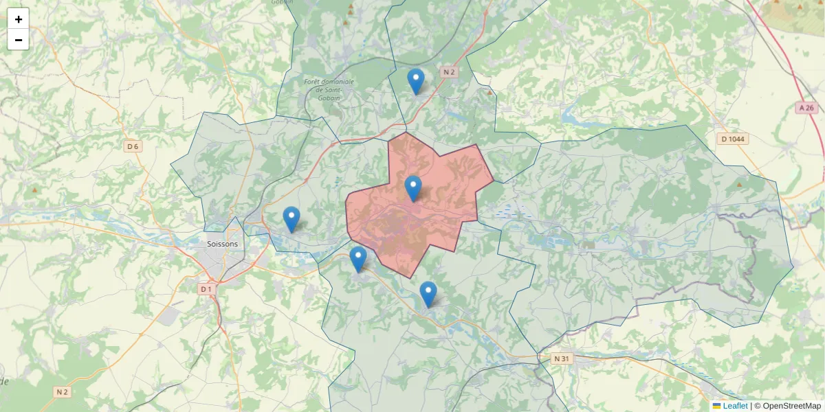 Carte de la zone du code postal  et des codes postaux voisins en France