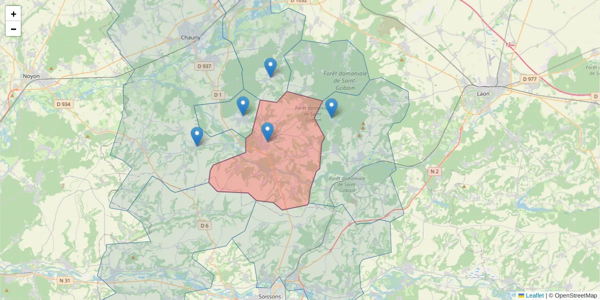 Carte de la zone du code postal  et des codes postaux voisins en France