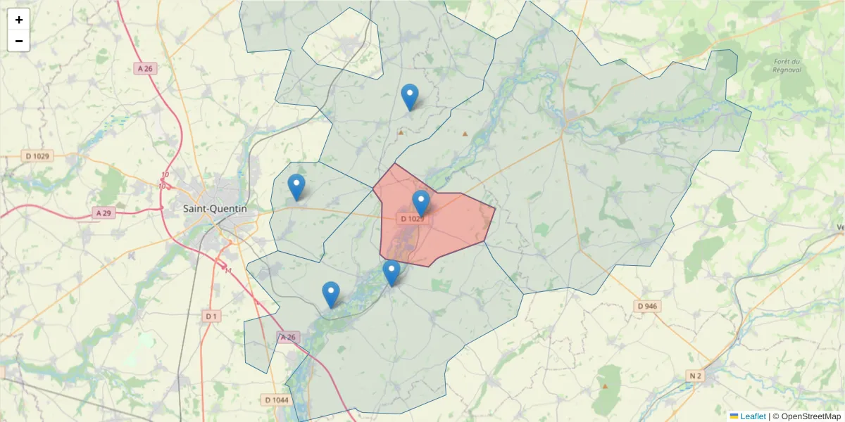 Carte de la zone du code postal  et des codes postaux voisins en France