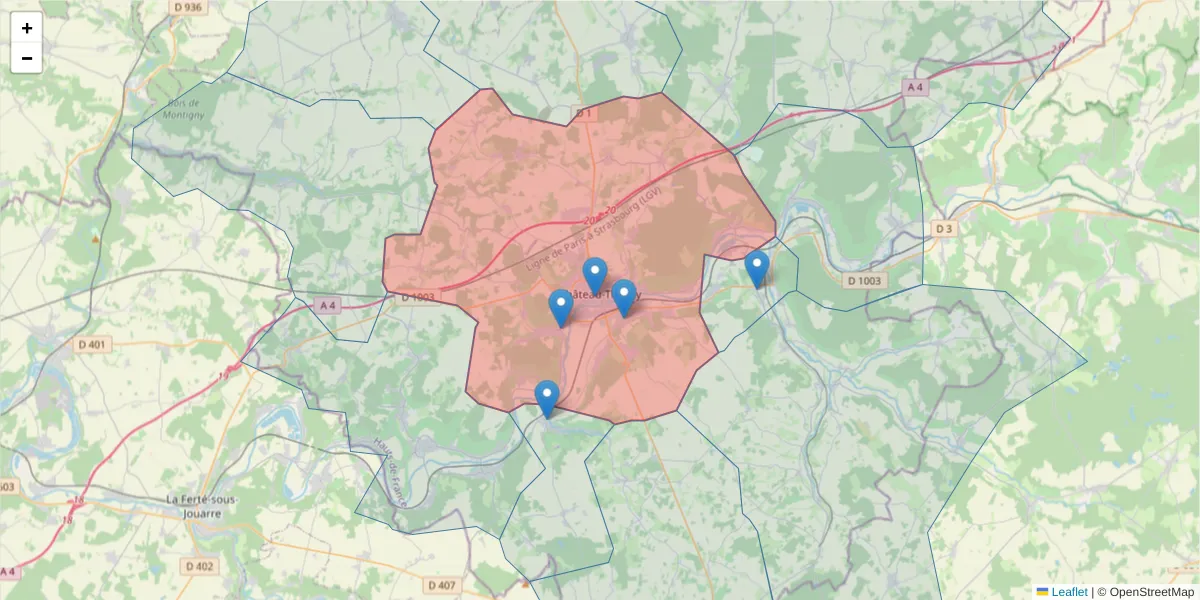 Carte de la zone du code postal  et des codes postaux voisins en France