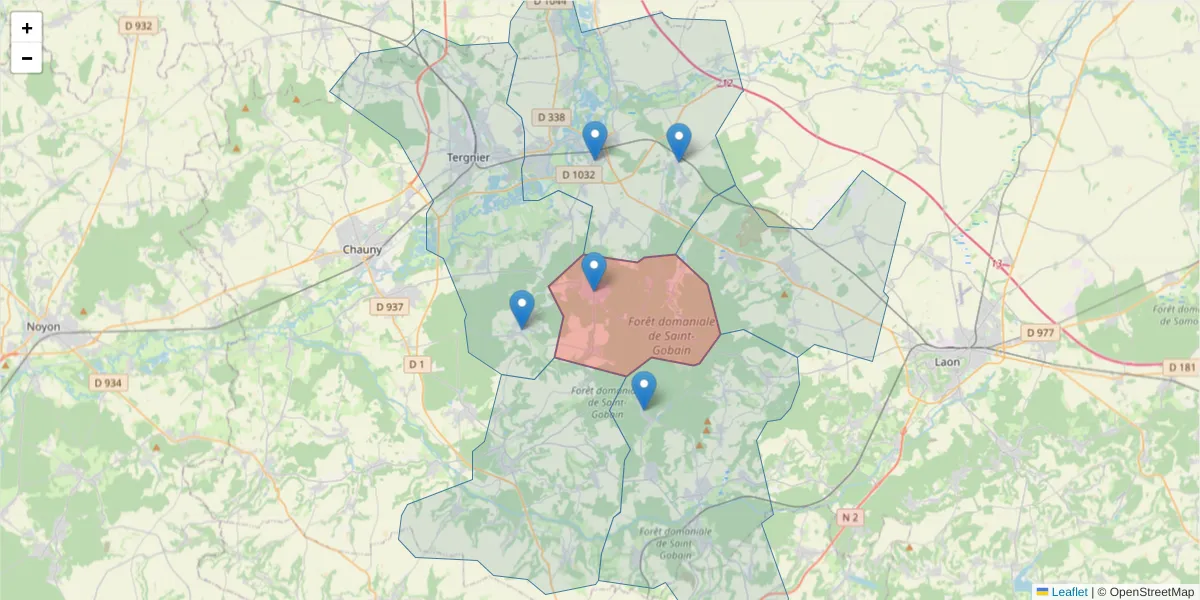 Carte de la zone du code postal  et des codes postaux voisins en France