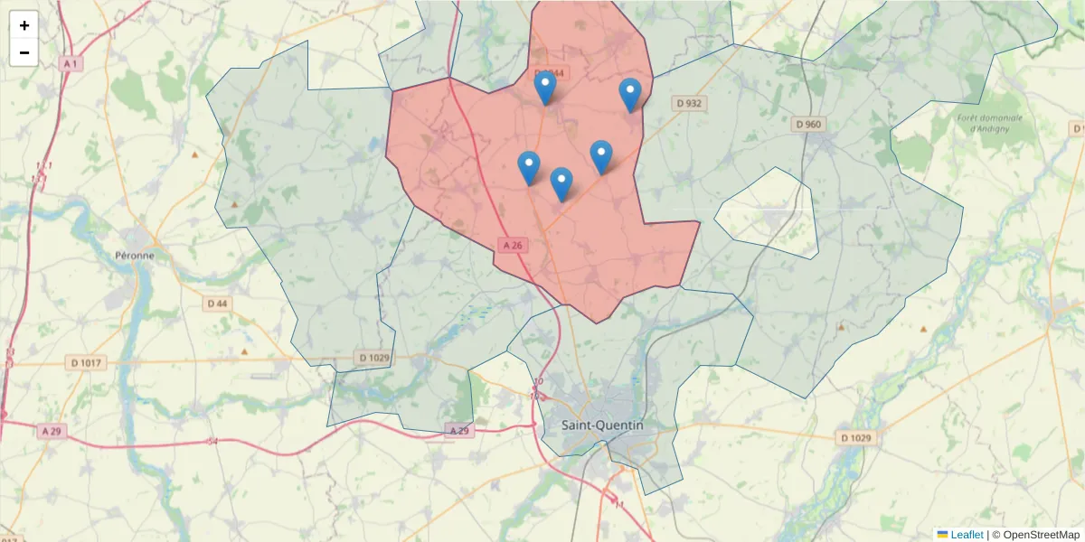 Carte de la zone du code postal  et des codes postaux voisins en France