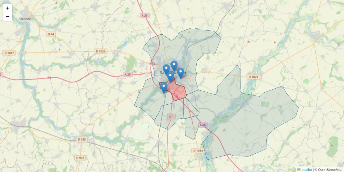 Carte de la zone du code postal  et des codes postaux voisins en France