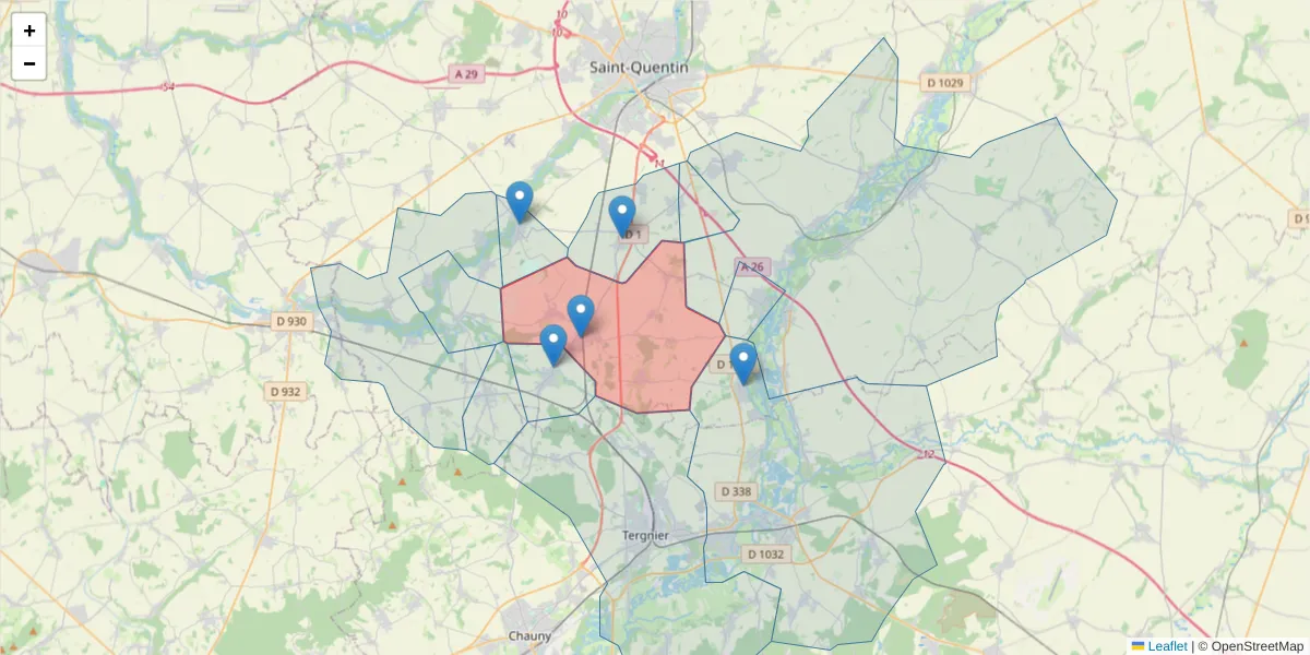 Carte de la zone du code postal  et des codes postaux voisins en France