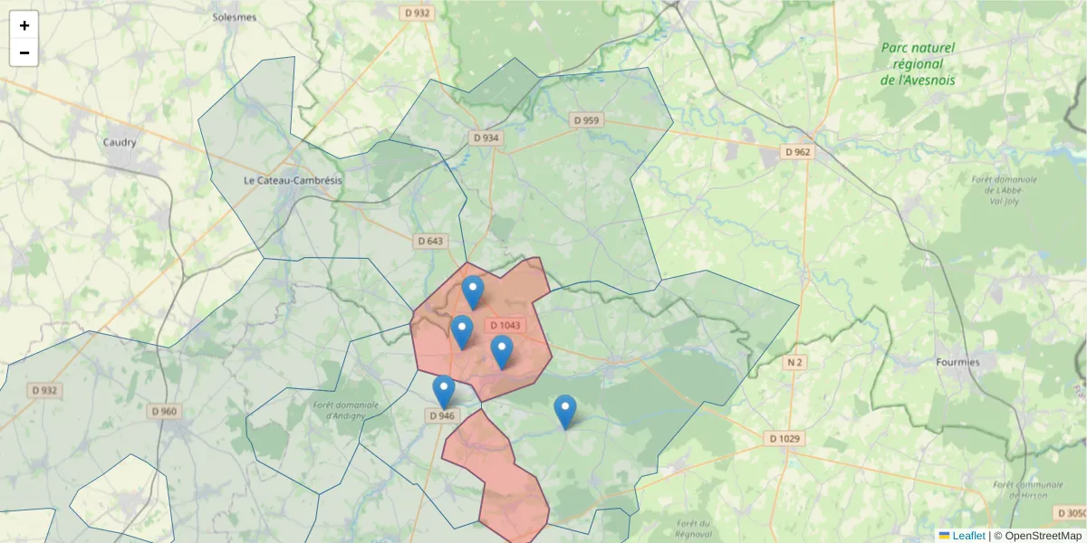 Carte de la zone du code postal  et des codes postaux voisins en France