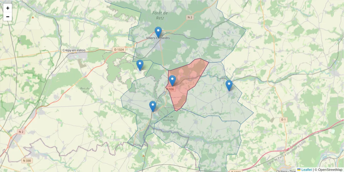 Carte de la zone du code postal  et des codes postaux voisins en France
