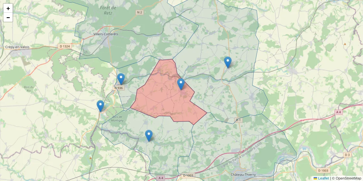 Carte de la zone du code postal  et des codes postaux voisins en France