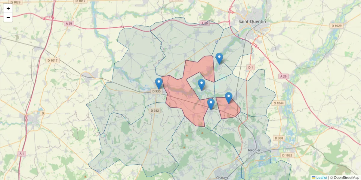 Carte de la zone du code postal  et des codes postaux voisins en France
