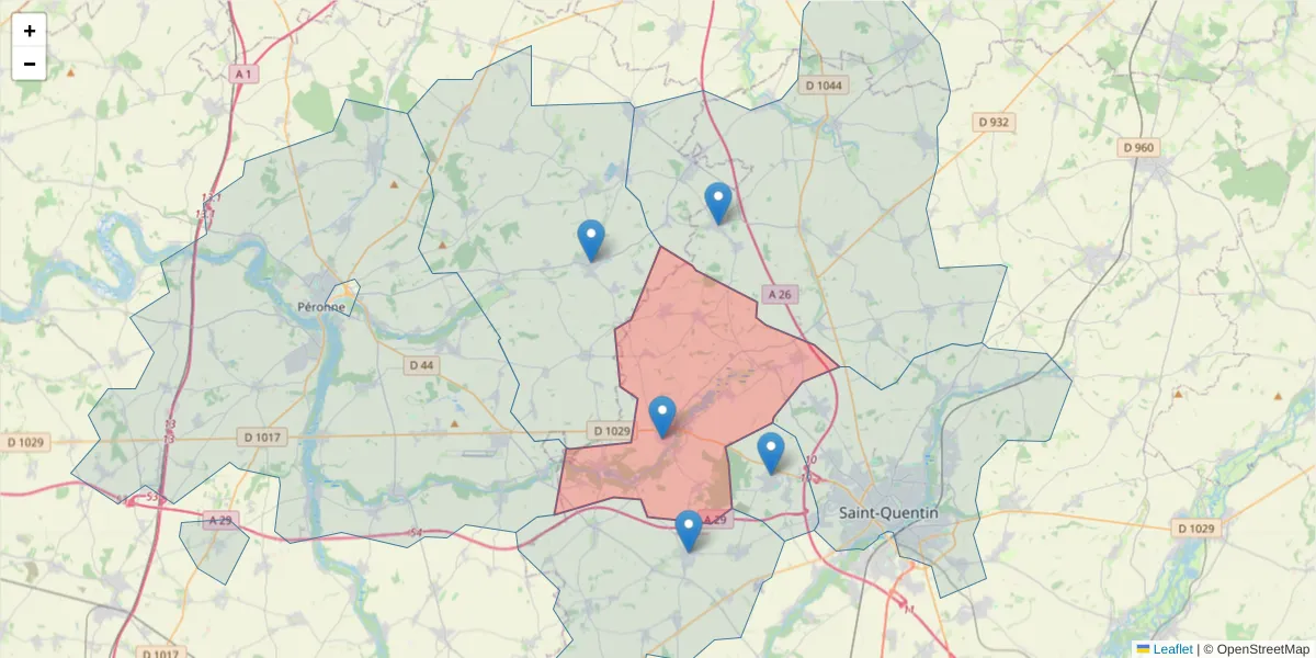 Carte de la zone du code postal  et des codes postaux voisins en France
