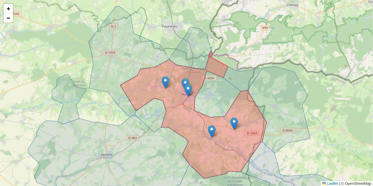 Carte de la zone du code postal  et des codes postaux voisins en France