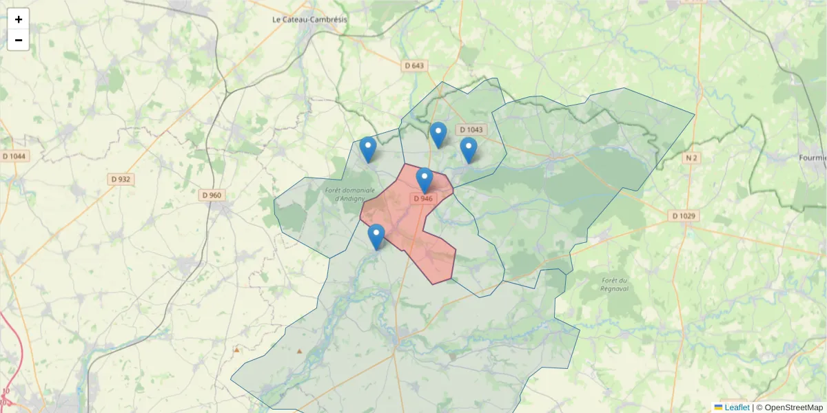 Carte de la zone du code postal  et des codes postaux voisins en France