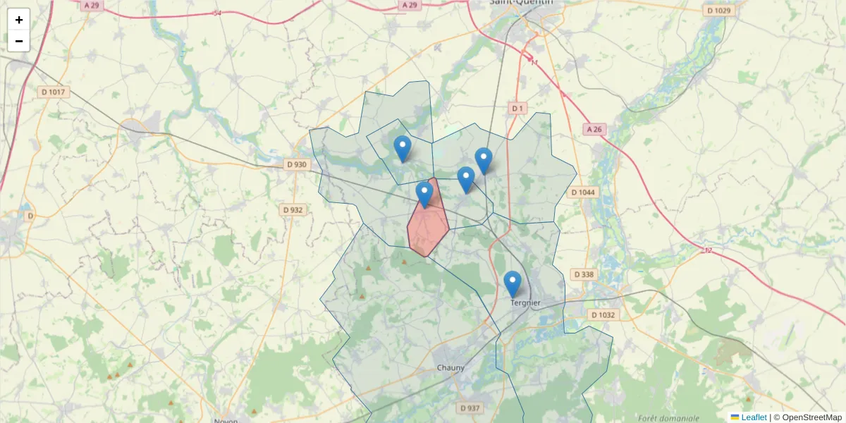Carte de la zone du code postal  et des codes postaux voisins en France