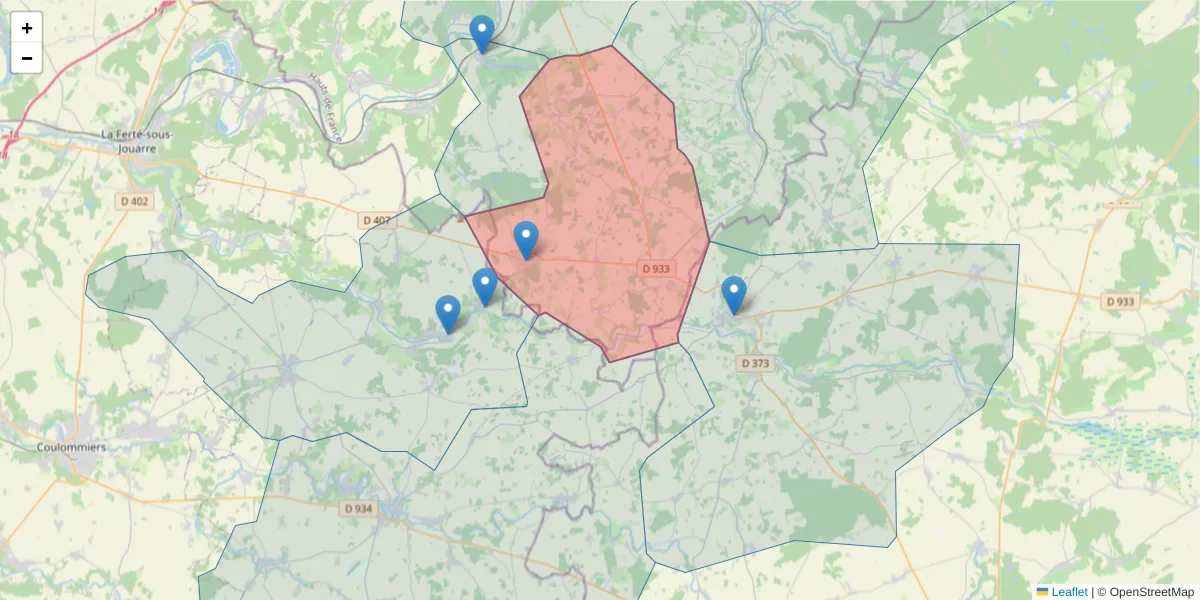 Carte de la zone du code postal  et des codes postaux voisins en France