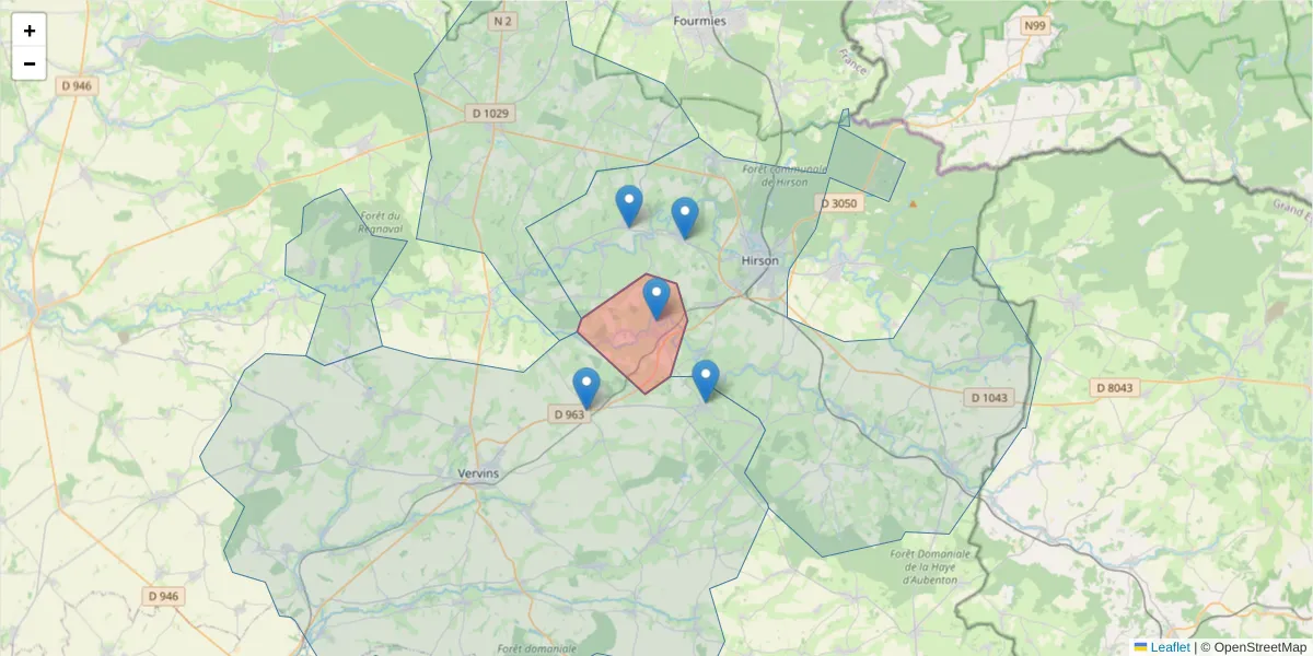 Carte de la zone du code postal  et des codes postaux voisins en France