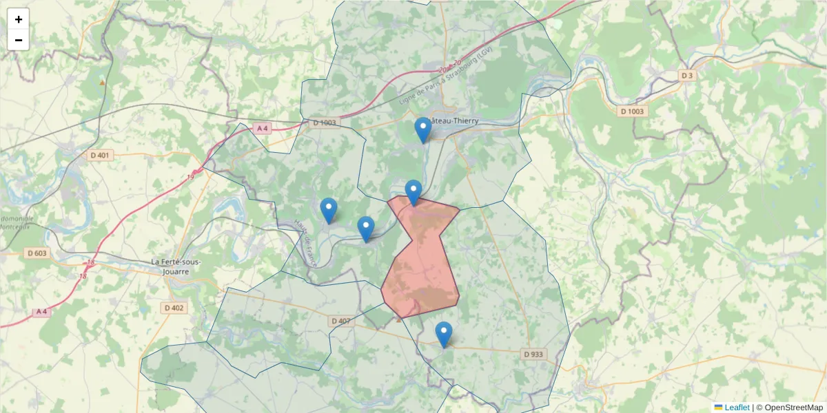 Carte de la zone du code postal  et des codes postaux voisins en France