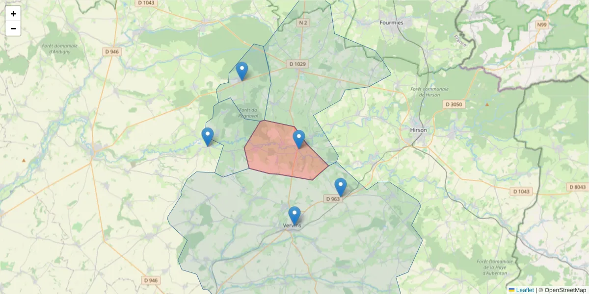 Carte de la zone du code postal  et des codes postaux voisins en France