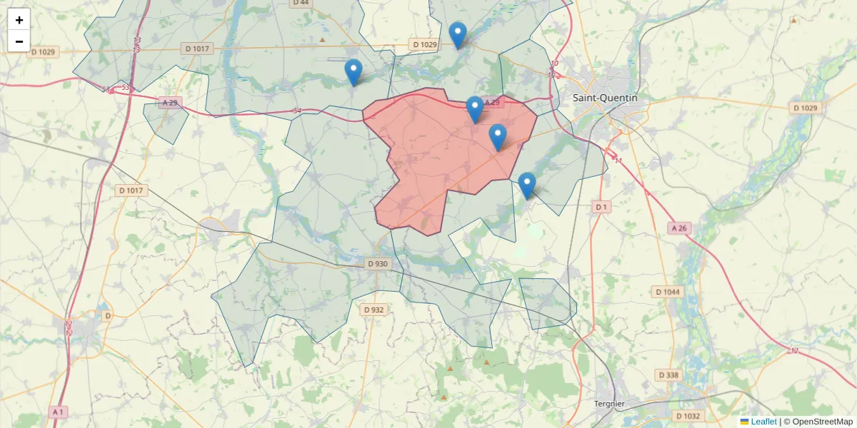 Carte de la zone du code postal  et des codes postaux voisins en France