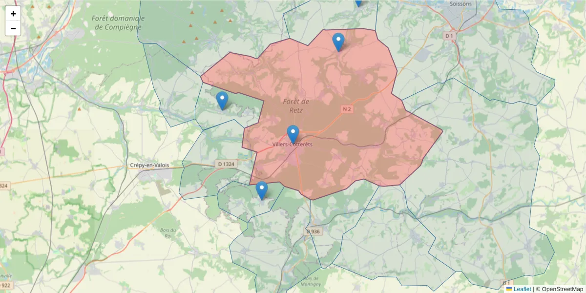 Carte de la zone du code postal  et des codes postaux voisins en France