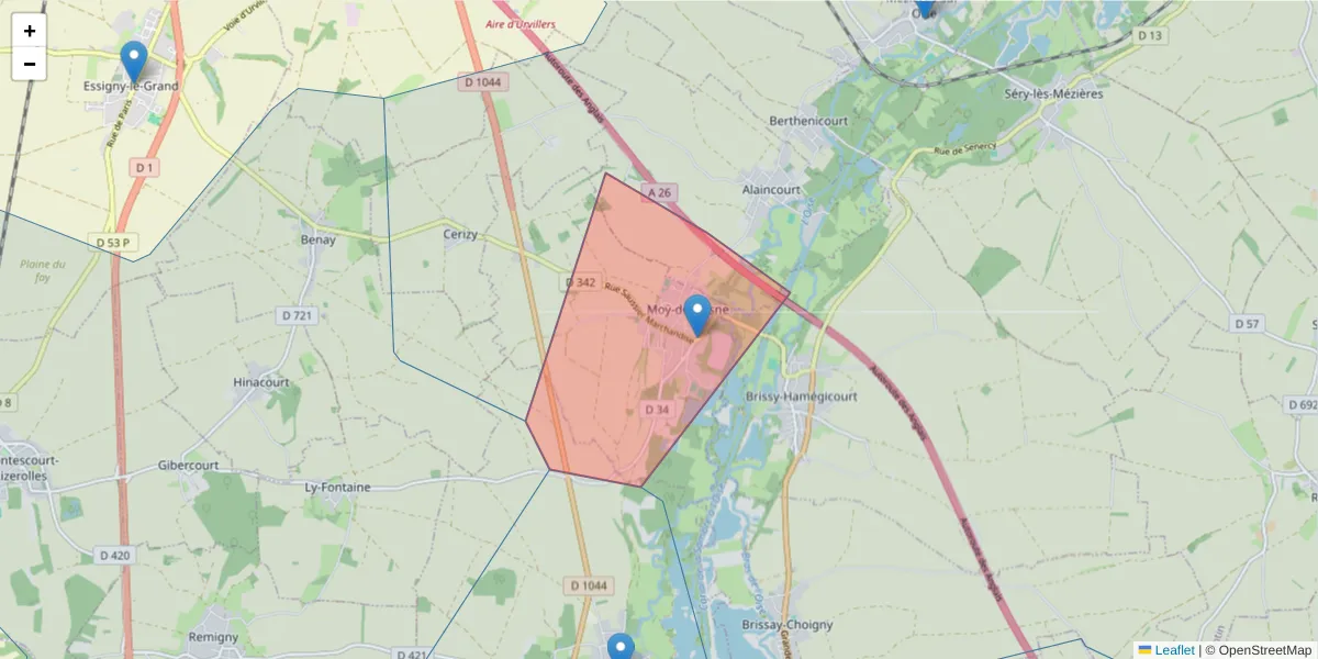 Carte de la zone du code postal  et des codes postaux voisins en France
