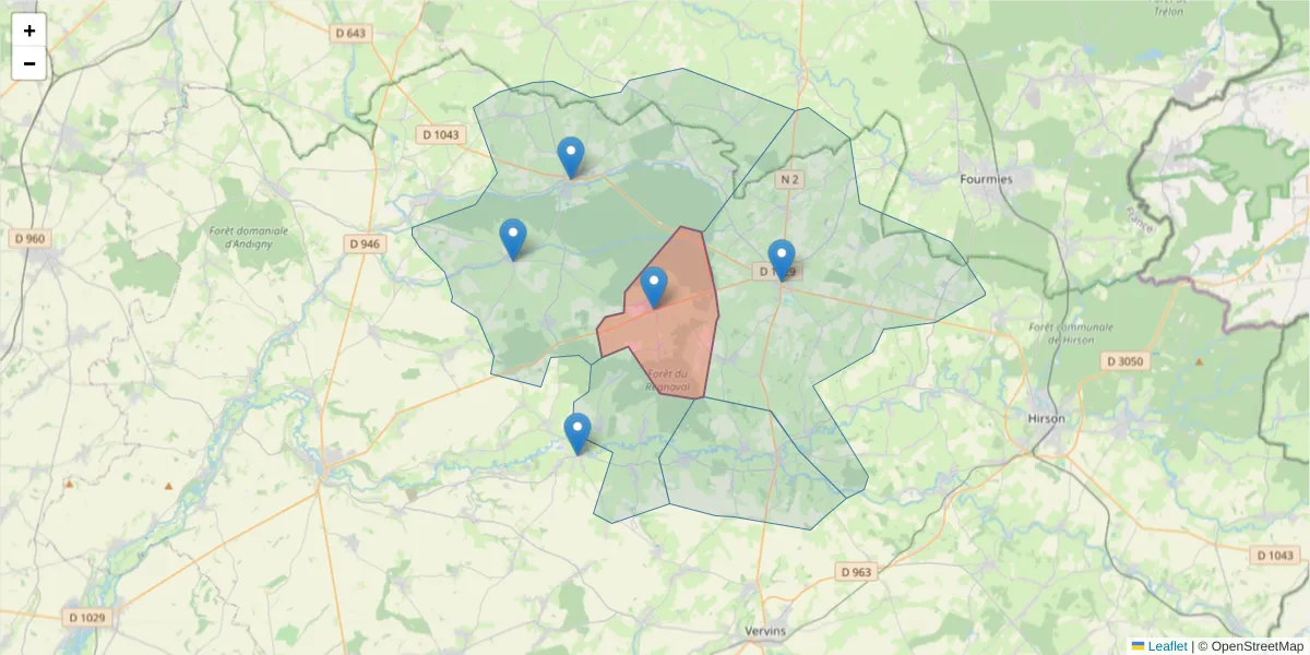 Carte de la zone du code postal  et des codes postaux voisins en France