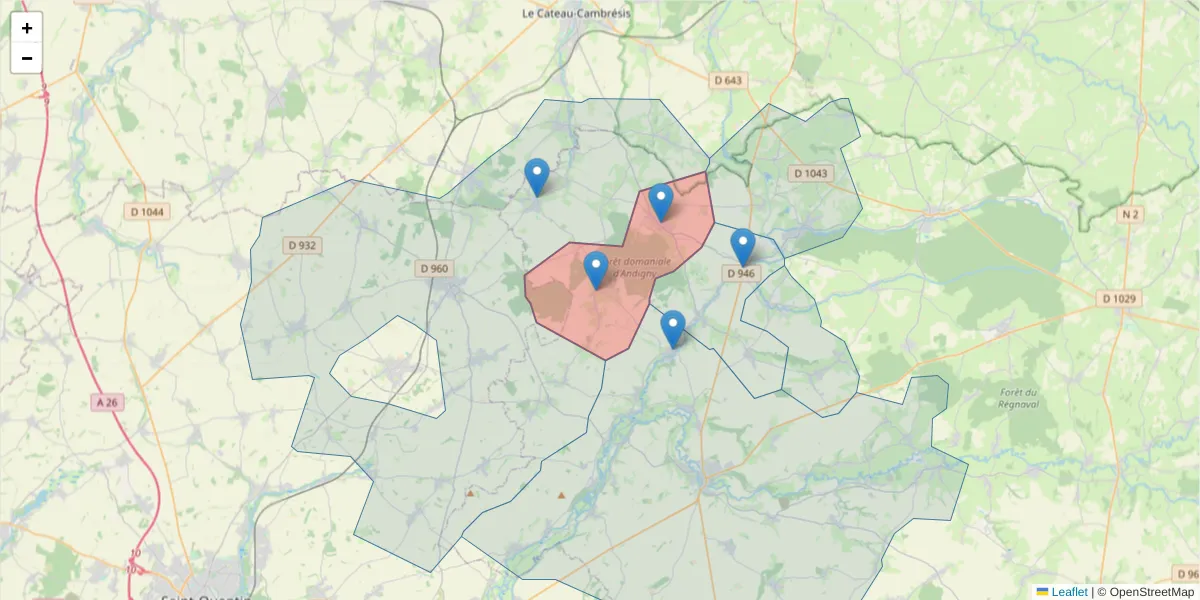 Carte de la zone du code postal  et des codes postaux voisins en France